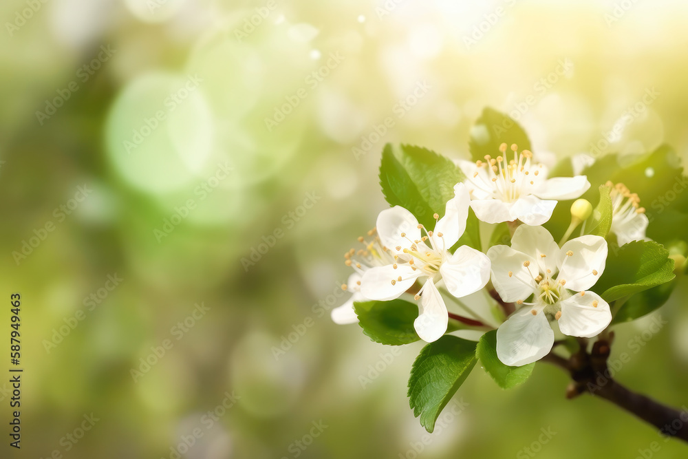 Spring background with beautiful blossoming Apple tree branch. Generative AI.
