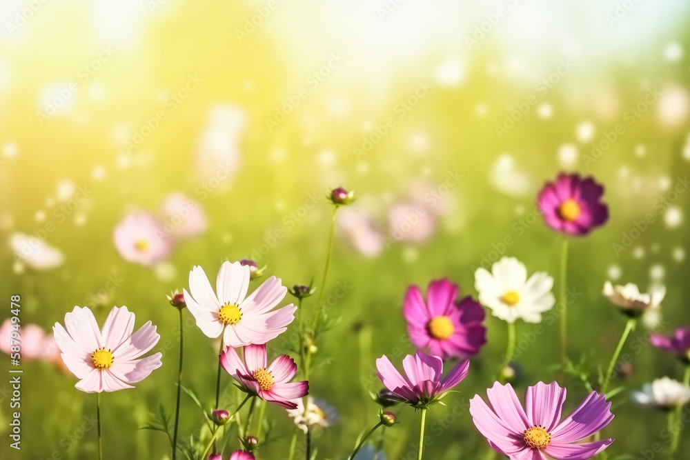 Beautiful blooming cosmos flowers in green meadow on sunny day. Generative AI. Beautiful blooming cosmos flowers in green meadow on sunny day. Generative AI.