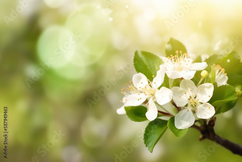 Spring background with beautiful blossoming Apple tree branch. Generative AI.