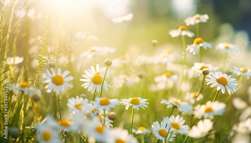 Chamomile field at sunny day summer, blurred background. Generative AI.