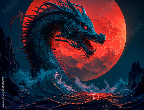 A blue Chinese dragon on the background of a blood-red moon and a dark lake.