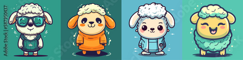 Flat color vector of happy sheep set collection
