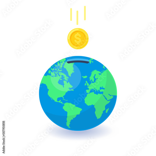 Earth globe as moneybox with dollar coin. Vector illustration isolated on white background