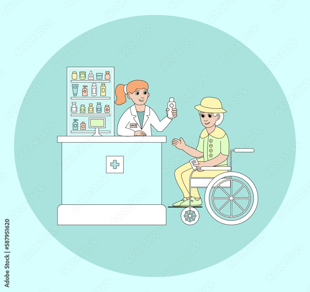 An elderly woman in a wheelchair buys medicine in a pharmacy. A friendly female pharmacist serves the client. Vector color illustration. An elderly woman in a wheelchair buys medicine in a pharmacy. A friendly female pharmacist serves the client. Vector color illustration.