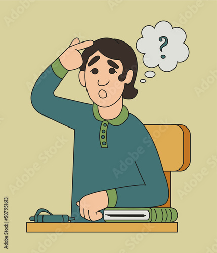 The young man considered the question. Vector color isolated illustration cartoon style.