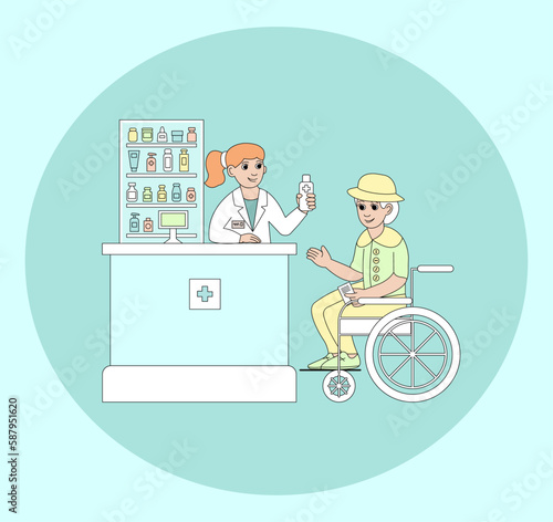 An elderly woman in a wheelchair buys medicine in a pharmacy. A friendly female pharmacist serves the client. Vector color illustration.