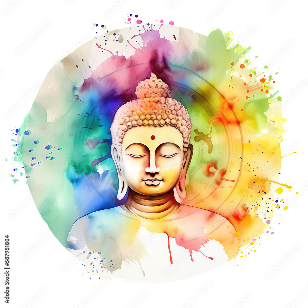 Close up of colorful Buddha on transparent background. Watercolor Buddha portrait with no background. Colorful meditation Buddha sculpture. Religious statue on transparent background. Generative AI. - obrazy, fototapety, plakaty 