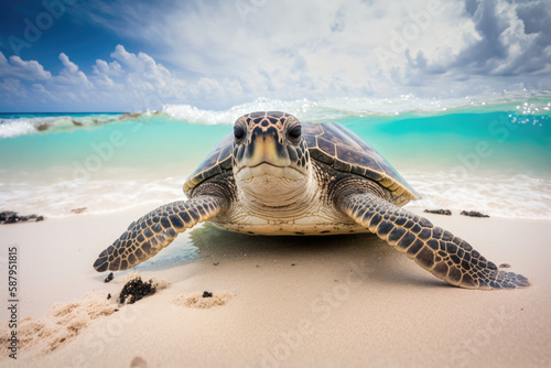 A sea turtle on beach, generative AI
