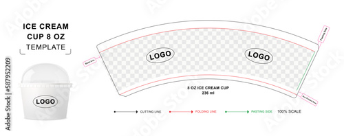 Ice cream cup die cut template for 8 ounce with 3D blank vector mockup for food packaging