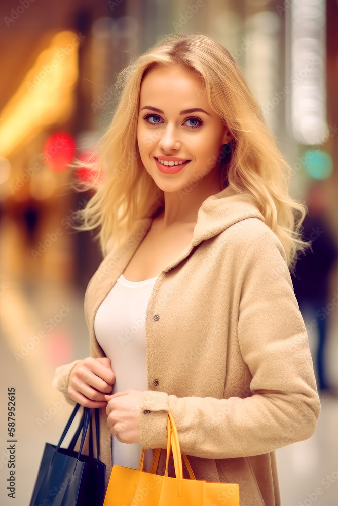 Smiling young woman with shopping bags in the shopping mall . ai generative