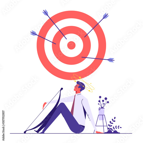 Businessman hit Many arrows missed target mark miss, business challenge failure metaphor, multiple failed inaccurate attempts to hit archery target photo