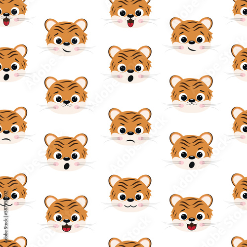 Fototapeta Naklejka Na Ścianę i Meble -  
Cute tigers, hand drawn, colorful vector seamless pattern. Cartoon texture of tiger characters. Wrapping paper, textiles, background fill, wallpaper.