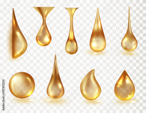 Realistic yellow drops translucent isolated on transparent background. Vector liquid gold drips of cosmetic, oil, gel, vitamin and honey