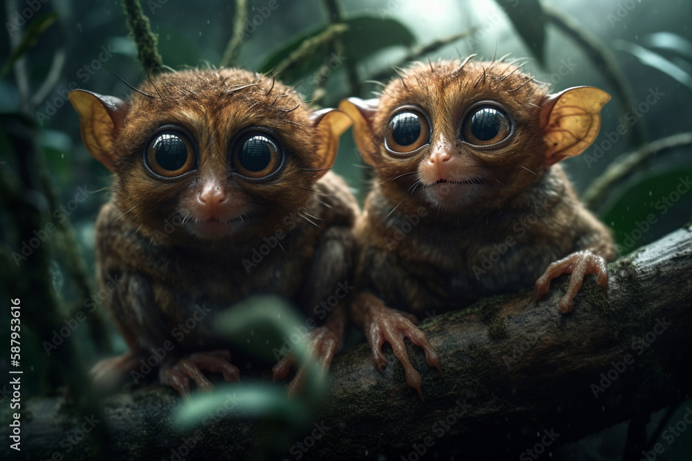 Two baby tarsier with very big dramatic eyes sitting on branch in jungle after heavy rain. Generative AI Two baby tarsier with very big dramatic eyes sitting on branch in jungle after heavy rain. Generative AI