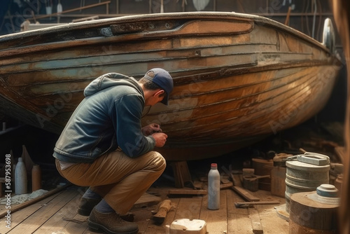 worker fixing old vintage boat, ai generative photo