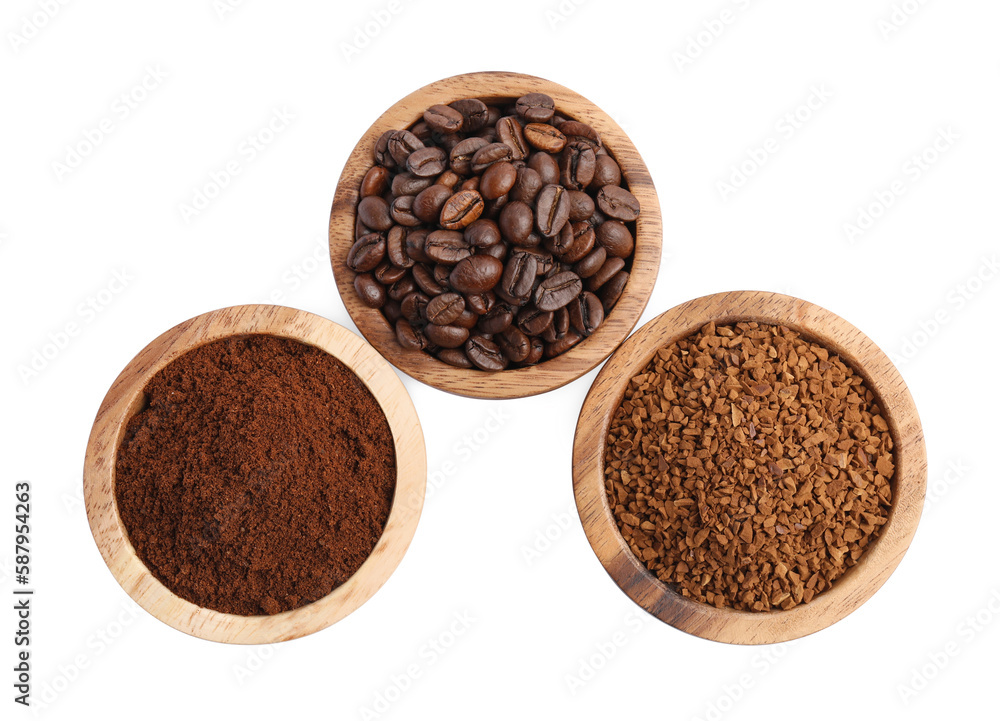 Bowls of beans, instant and ground coffee on white background, top view Bowls of beans, instant and ground coffee on white background, top view