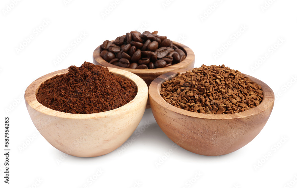 Bowls of beans, instant and ground coffee on white background Bowls of beans, instant and ground coffee on white background