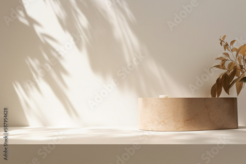 Blank beige brown cement curve counter podium with texture, soft beautiful dappled sunlight, leaf shadow on white wall for luxury organic cosmetic, skincare, beauty treatment product background © Michael