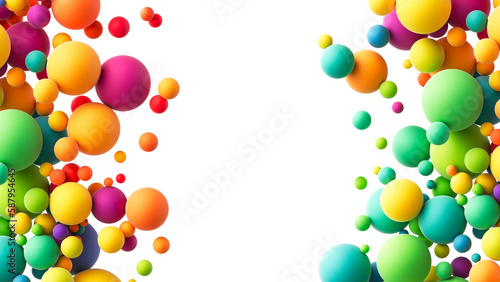 Abstract double border composition with colorful random flying spheres. Colorful rainbow matte soft balls in different sizes on transparent background. PNG file