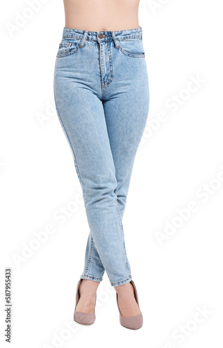 Woman in stylish jeans on white background, closeup