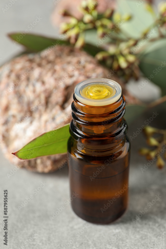 Bottle of eucalyptus essential oil, stone and leaves on light grey table Bottle of eucalyptus essential oil, stone and leaves on light grey table