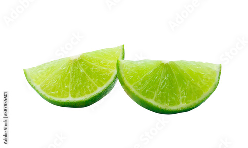 Close up photo of two slices or piece of green lemon isolated on white background with clipping path