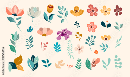  set of hand-drawn flowers and leaves, isolated design element. Decorative elements for postcards, patterns, greeting card, creative, background. Vector summer collection 