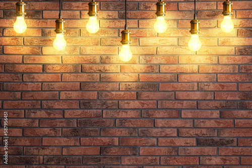 Many pendant lamps against red brick wall