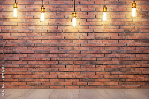 Many pendant lamps in room with brick wall
