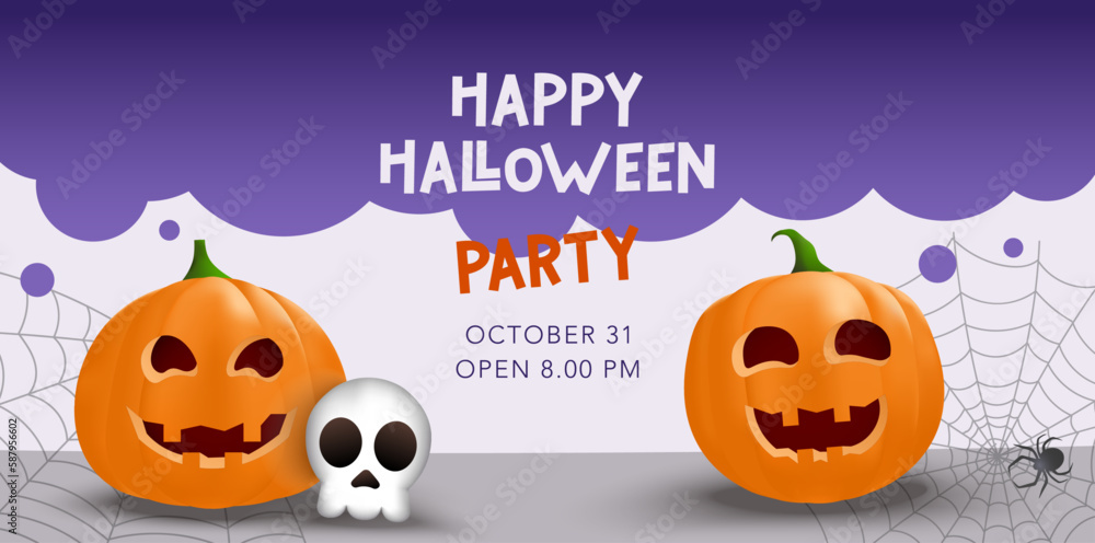 Halloween Holiday Party banner template with scary pumpkin, skull and spider, web and clouds. Cute calligraphic lettering. Vector illustration promo, social media, sale, discount, invitation, website. Halloween Holiday Party banner template with scary pumpkin, skull and spider, web and clouds. Cute calligraphic lettering. Vector illustration promo, social media, sale, discount, invitation, website.