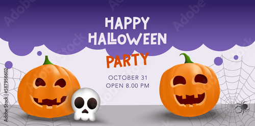 Halloween Holiday Party banner template with scary pumpkin, skull and spider, web and clouds. Cute calligraphic lettering. Vector illustration promo, social media, sale, discount, invitation, website.