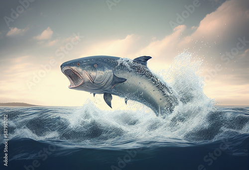 Big fish jumping in water, generative ai © Creative