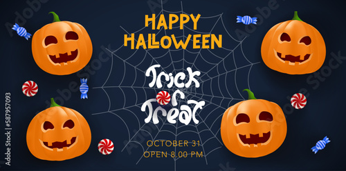 Trick or Treat Halloween part invitation template. Sale promo banner with pumpkin, candy, spider web and calligraphic lettering. Vector illustration for flyer, poster, website, social media, cards.