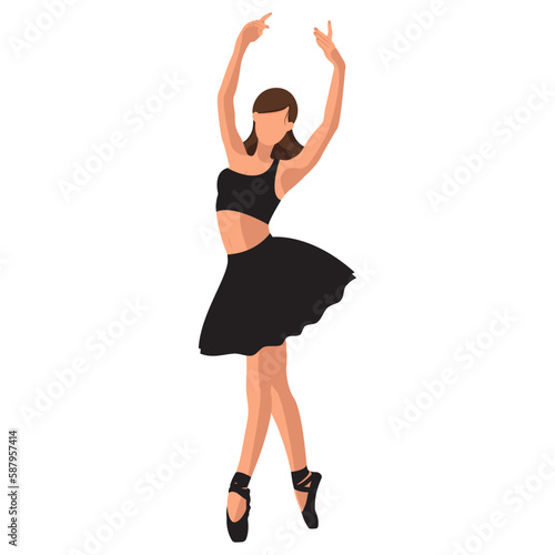 Vector illustration classical ballet. Caucasian white woman ballet dancer in black tutu and pointe shoes dancing on white background. Beautiful young faceless ballerina in a flat style