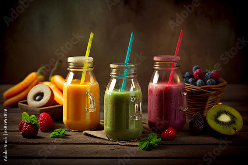 healthy smoothies with different fruits and vegetables in different glasses made with Generative AI