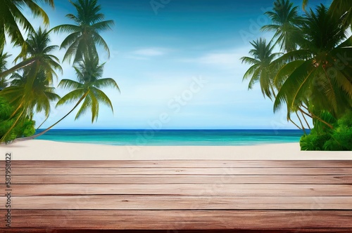 Wooden Plank With Beach Exotic Location Backdrop And Copyspace Generative AI