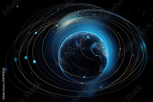 View from space on planet Earth with satellites orbits around it. Visualization of digital connections lines at planet. Created with Generative AI