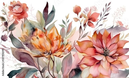 Luxurious floral elements  botanical background or wallpaper design  prints and invitations  postcards. Flowers in the style of watercolor art. AI