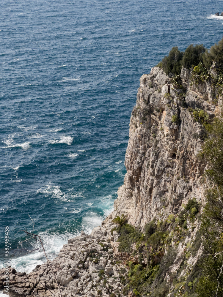 mediterranean sea waves smashing on rocks of Cote d'azur