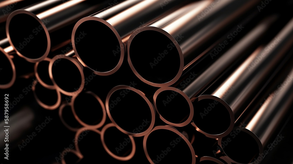 Close up of stacked copper pipes construction or manufacturing materials tube generated by Ai Close up of stacked copper pipes construction or manufacturing materials tube generated by Ai