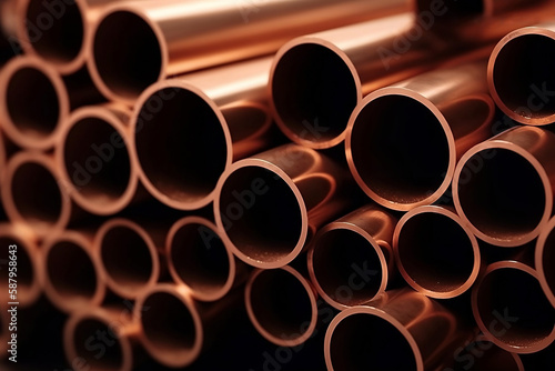 Close up of stacked copper pipes construction or manufacturing materials tube generated by Ai