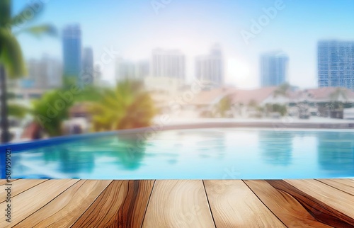 Wooden Deck Vacation City Backdrop And Copy Space Generative AI © Johnathan