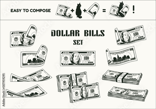 Set of 100 dollar bills with obverse and reverse side. Money rolls, wads of cash money, bent, folded, twisted banknotes. Vintage style. Monochromel detailed vector illustration on white background.
