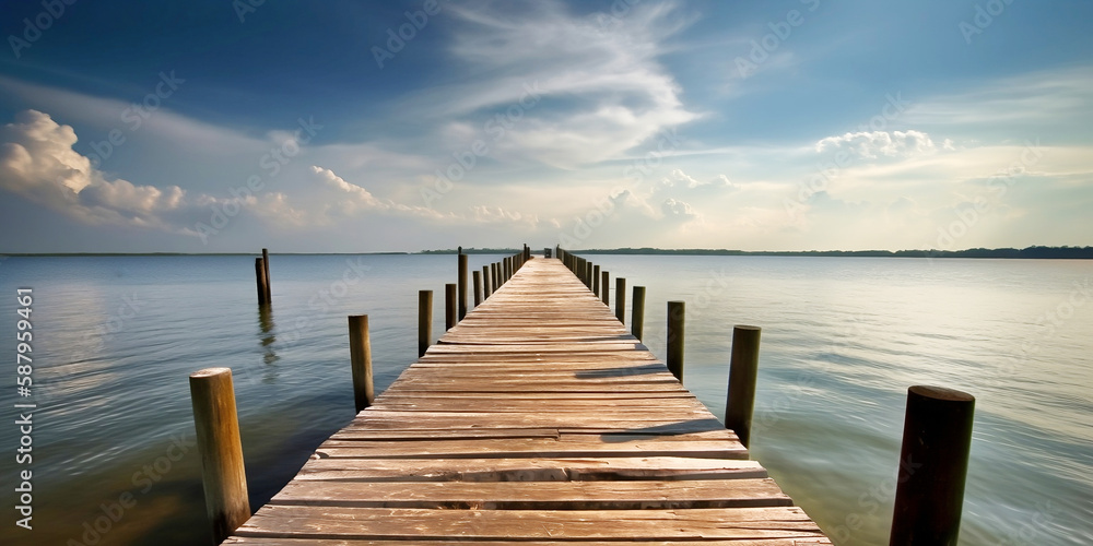 Obraz premium Wooden pier bridge in the beach at dawn sunset time generated by Ai