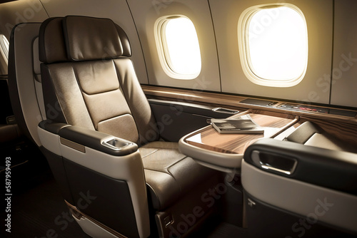 First class business luxury seat for vacations or corporate airplane travel generated by Ai