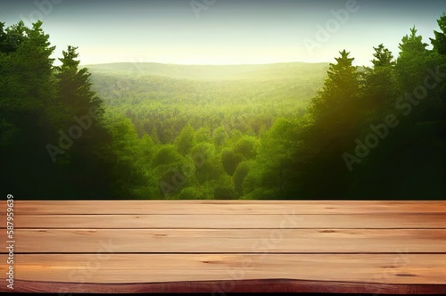 Wood Plank Green Forest Backdrop And Copy Space Generative AI
