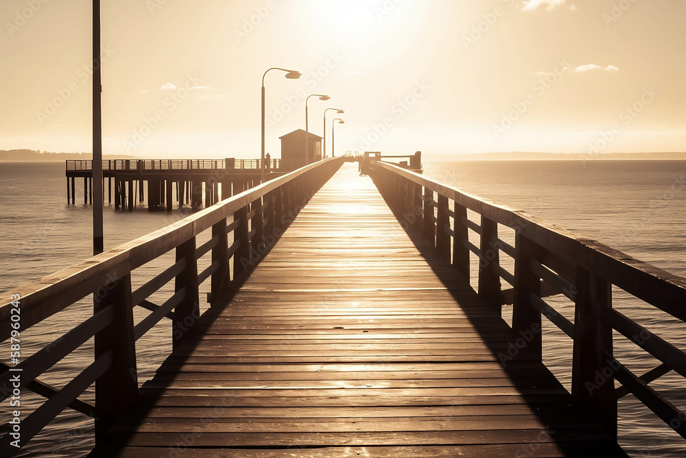 Wooden pier bridge in the beach at dawn sunset time generated by Ai