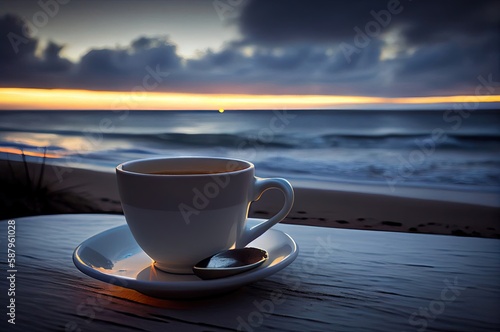Coffee Cup Holiday Resort Beach Dawn And Copy Space Generative AI