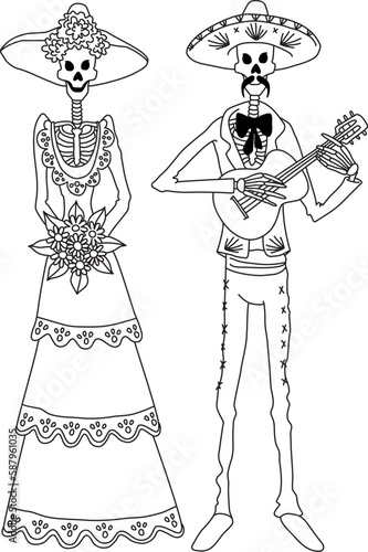 Mexican Day of the Dead traditional skeleton characters. Hand drawn vector illustration isolated on background. Outline stroke is not expanded, stroke weight is editable.