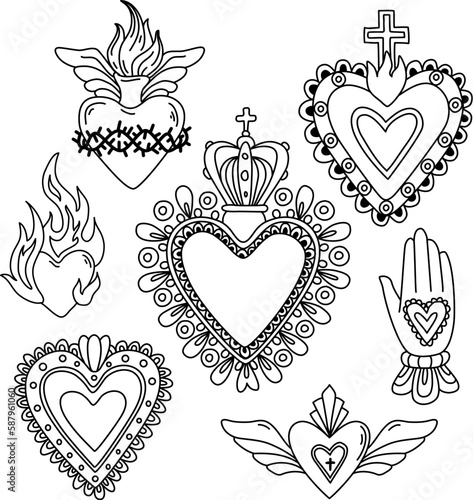 Sacred hearts set. Milagros, Mexican lucky charms. Hand drawn vector illustration isolated on background. Outline stroke is not expanded, stroke weight is editable.